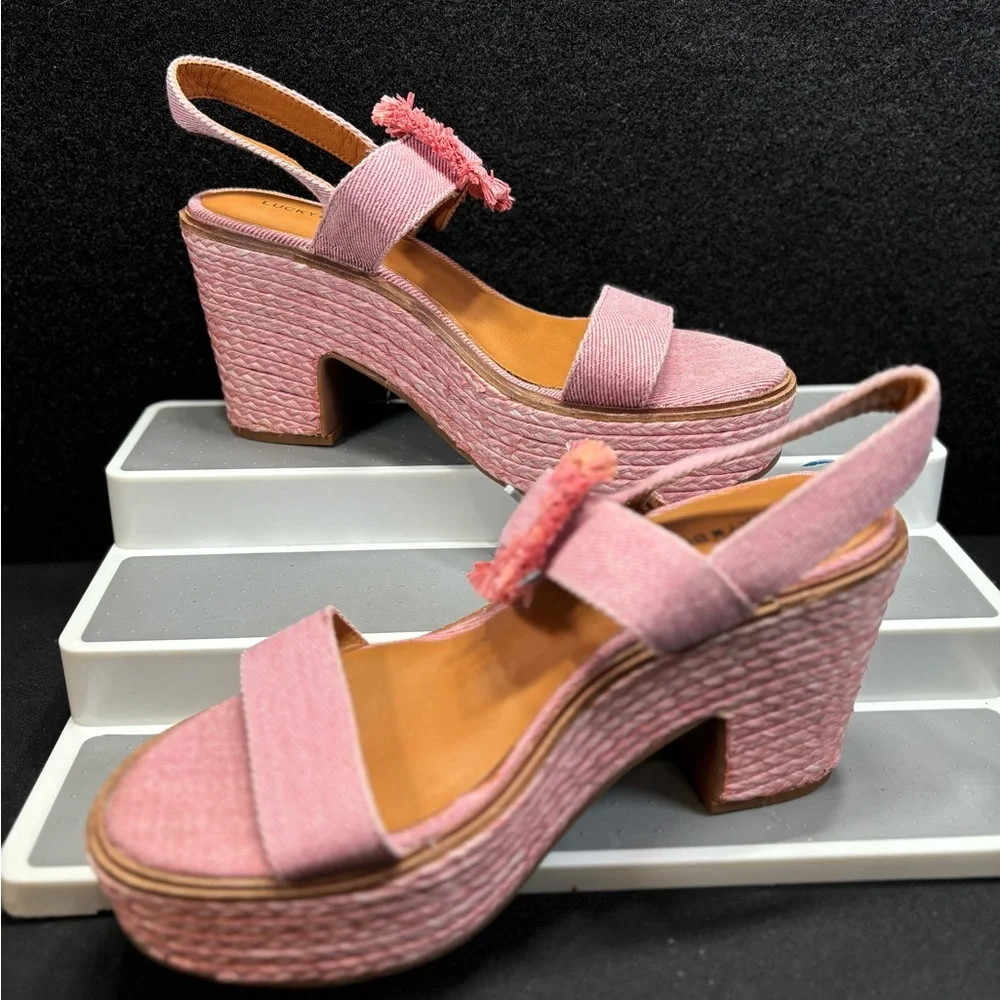 Lucky‎ Brand Yidris Platform Espadrille Heels Sandals Pink Size 9M Straw Buckle